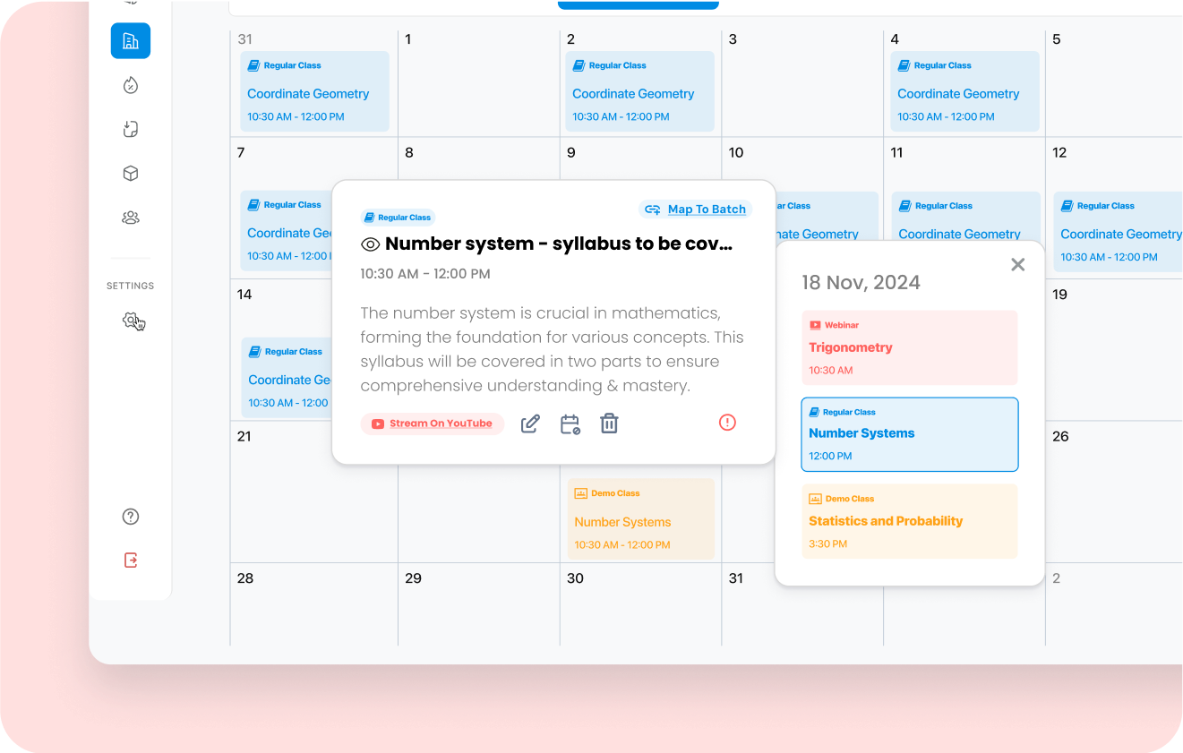  Screenshot of a calendar interface displaying scheduled classes across multiple days